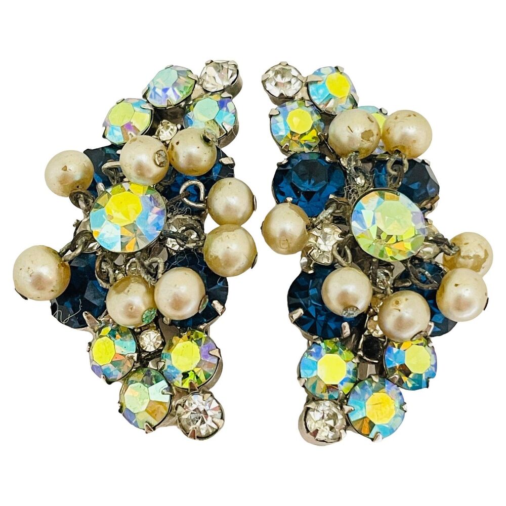 Vintage silver tone aurora pearls cluster designer clip on earrings